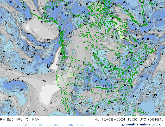 RH 850 hPa NAM 星期一 12.08.2024 12 UTC