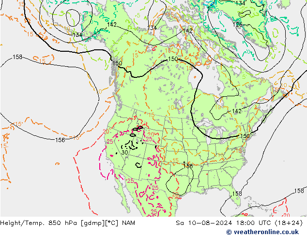 Hoogte/Temp. 850 hPa NAM za 10.08.2024 18 UTC