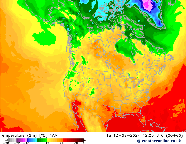 Temperatuurkaart (2m) NAM di 13.08.2024 12 UTC