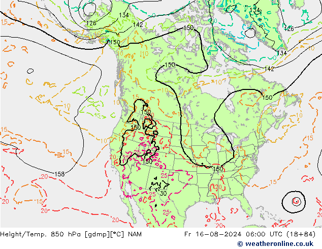 Hoogte/Temp. 850 hPa NAM vr 16.08.2024 06 UTC