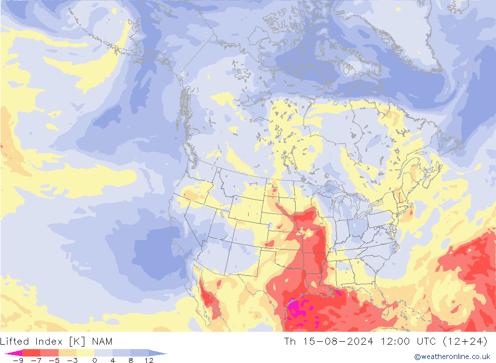 Lifted Index NAM 星期四 15.08.2024 12 UTC