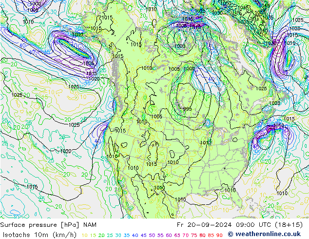 Isotaca (kph) NAM vie 20.09.2024 09 UTC