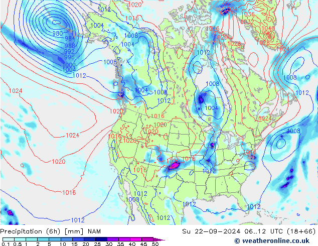 Precipitation (6h) NAM Su 22.09.2024 12 UTC