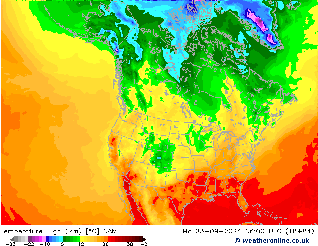 Temperature High (2m) NAM Mo 23.09.2024 06 UTC