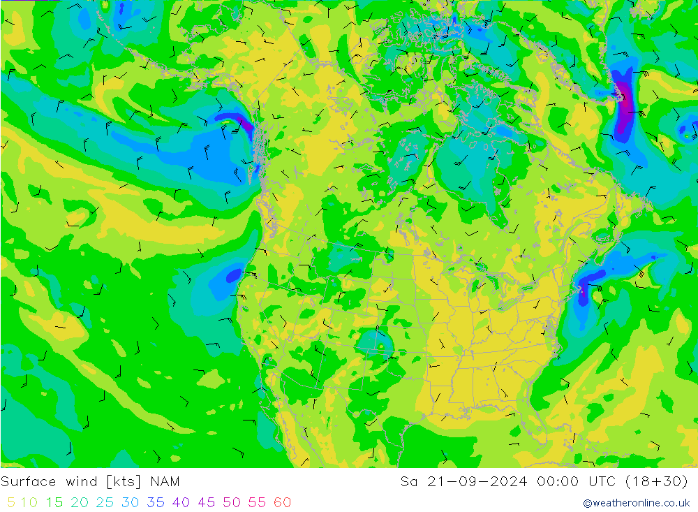 Vento 10 m NAM sab 21.09.2024 00 UTC