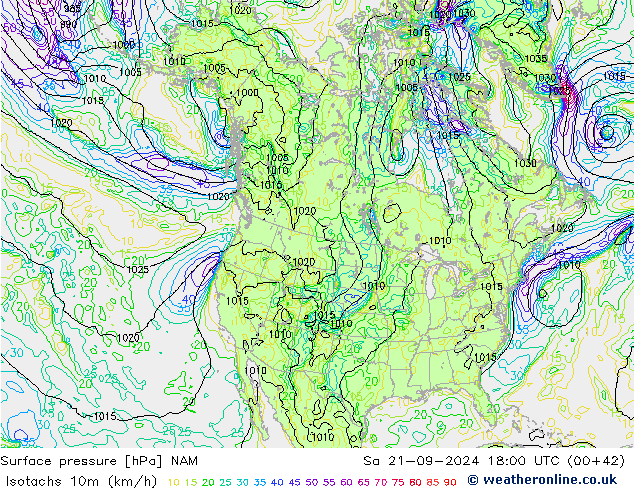 Isotachs (kph) NAM сб 21.09.2024 18 UTC