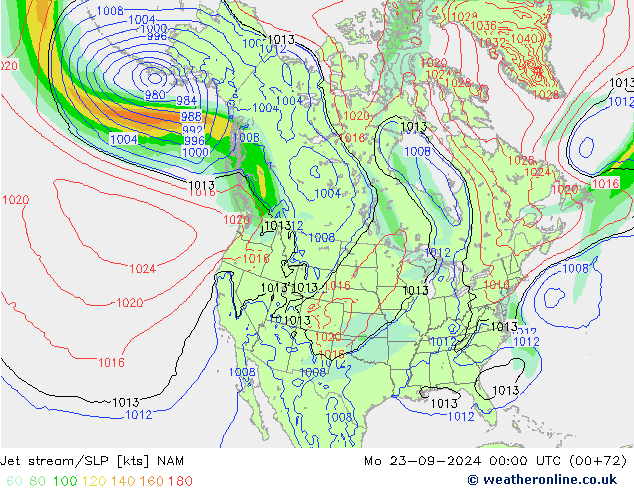 Jet stream/SLP NAM Mo 23.09.2024 00 UTC