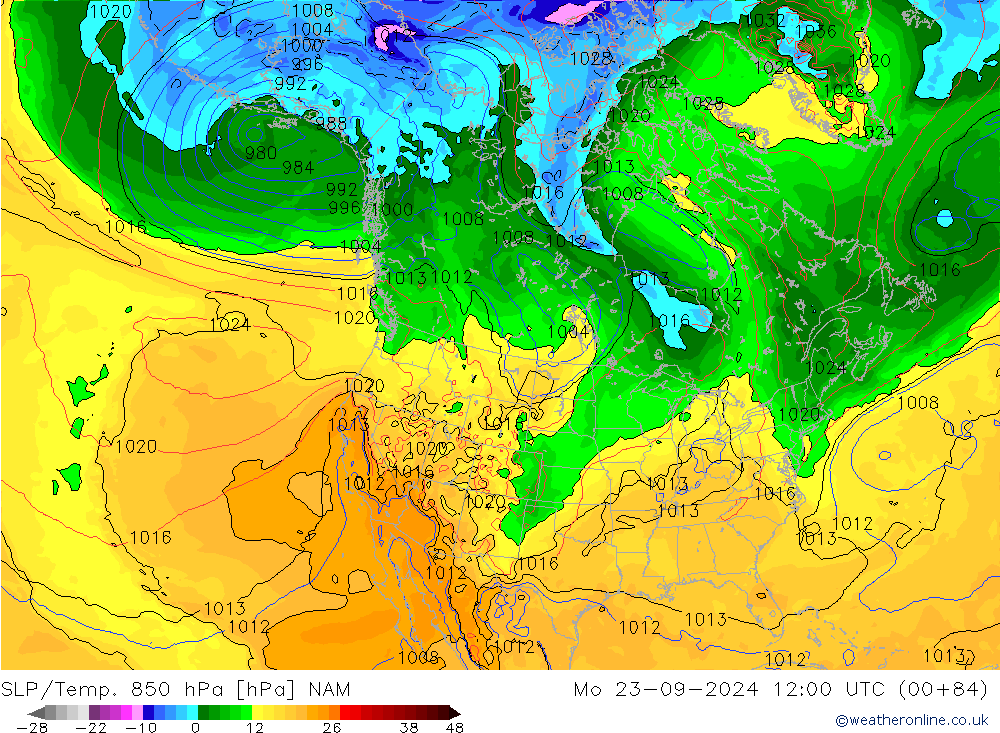 SLP/Temp. 850 hPa NAM Mo 23.09.2024 12 UTC