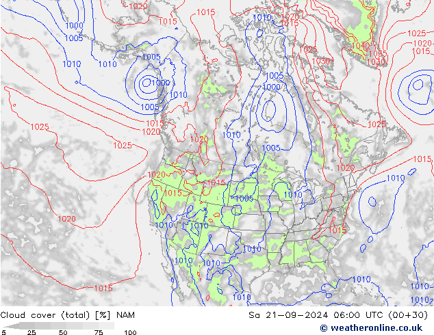 Cloud cover (total) NAM Sa 21.09.2024 06 UTC