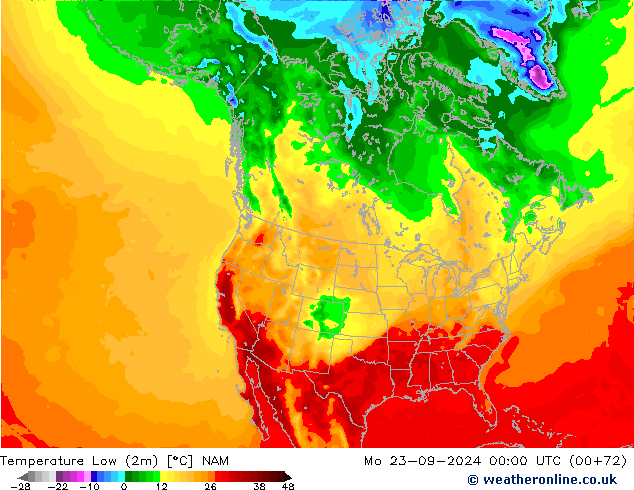 Temperature Low (2m) NAM Mo 23.09.2024 00 UTC