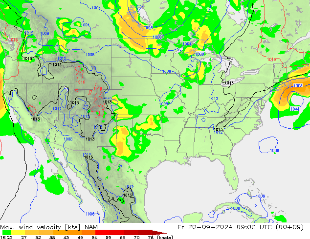 Max. wind snelheid NAM vr 20.09.2024 09 UTC