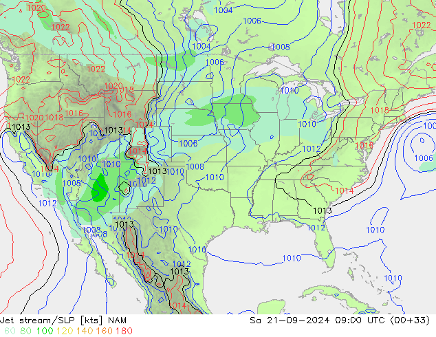 Jet stream/SLP NAM Sa 21.09.2024 09 UTC