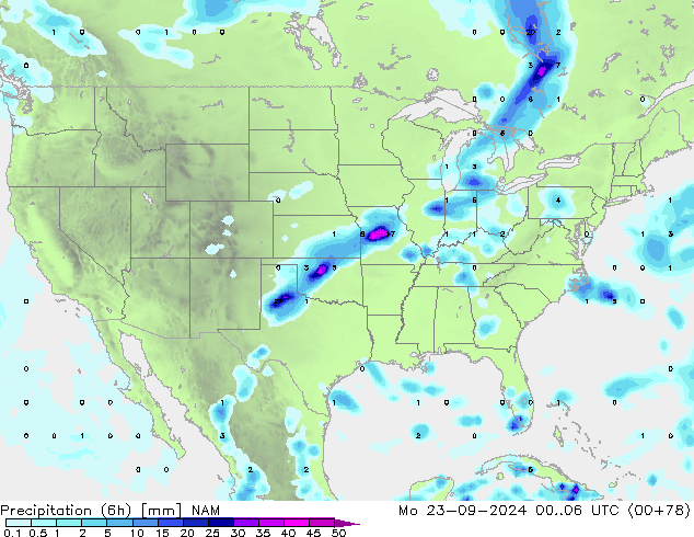 Precipitation (6h) NAM Mo 23.09.2024 06 UTC