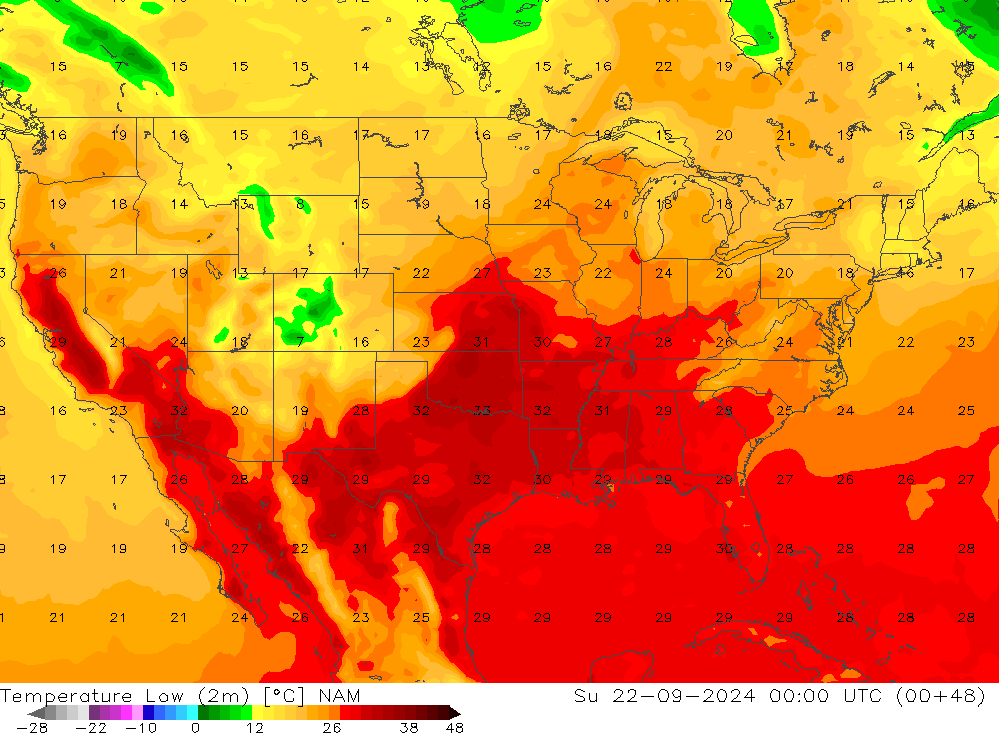 Temp. minima (2m) NAM dom 22.09.2024 00 UTC