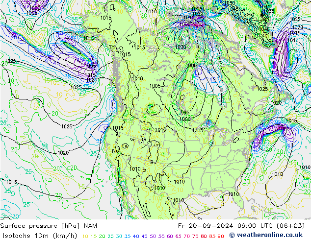 Isotachs (kph) NAM пт 20.09.2024 09 UTC