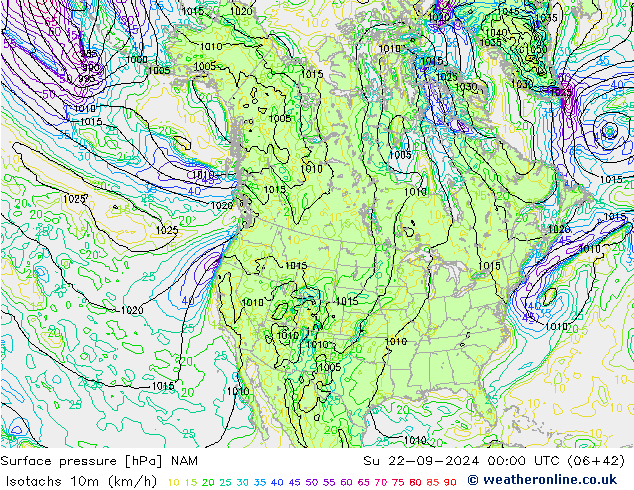 Isotachs (kph) NAM Ne 22.09.2024 00 UTC