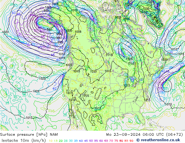 Isotachs (kph) NAM пн 23.09.2024 06 UTC