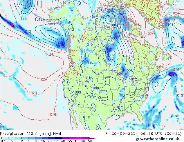 Precipitation (12h) NAM Fr 20.09.2024 18 UTC