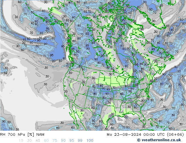 RH 700 hPa NAM Mo 23.09.2024 00 UTC