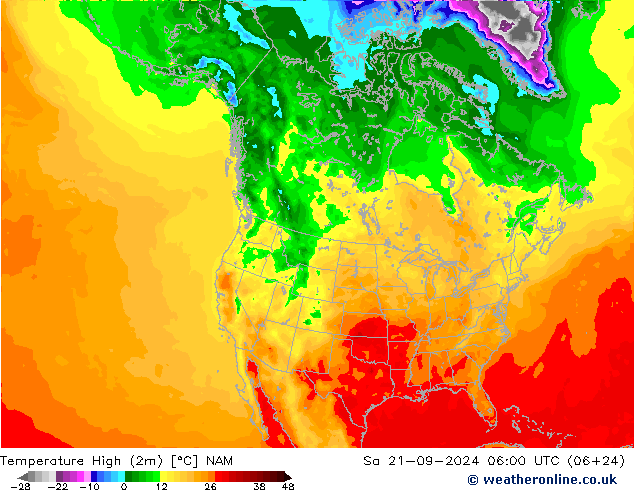 Temperature High (2m) NAM Sa 21.09.2024 06 UTC