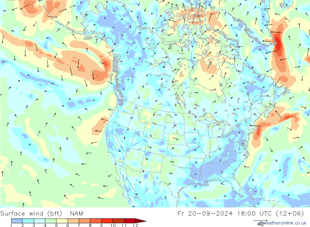 Surface wind (bft) NAM Pá 20.09.2024 18 UTC