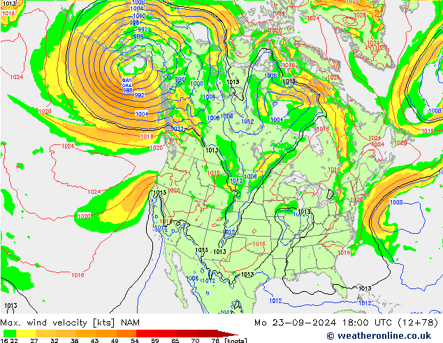 Max. wind snelheid NAM ma 23.09.2024 18 UTC