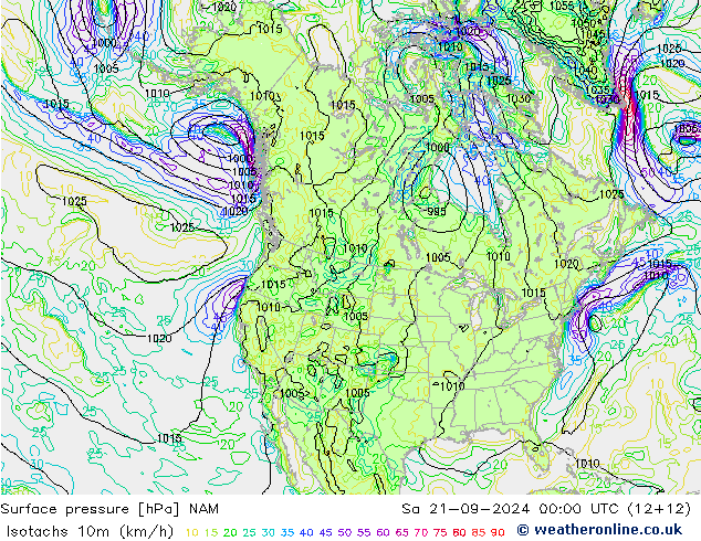 Isotachs (kph) NAM  21.09.2024 00 UTC