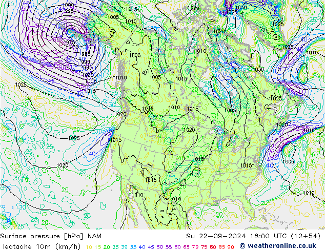 Isotachs (kph) NAM Su 22.09.2024 18 UTC