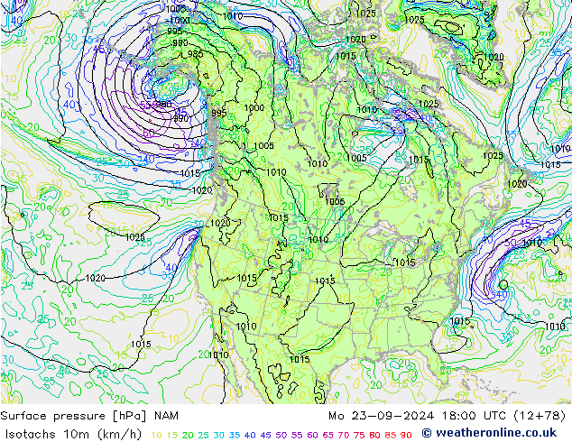 Isotachs (kph) NAM Po 23.09.2024 18 UTC