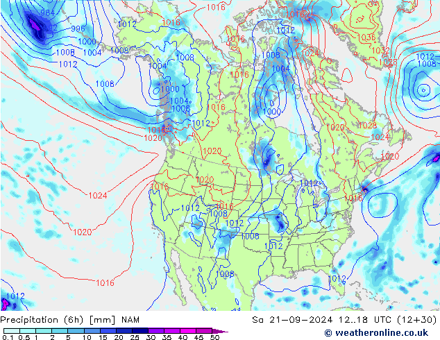 Totale neerslag (6h) NAM za 21.09.2024 18 UTC