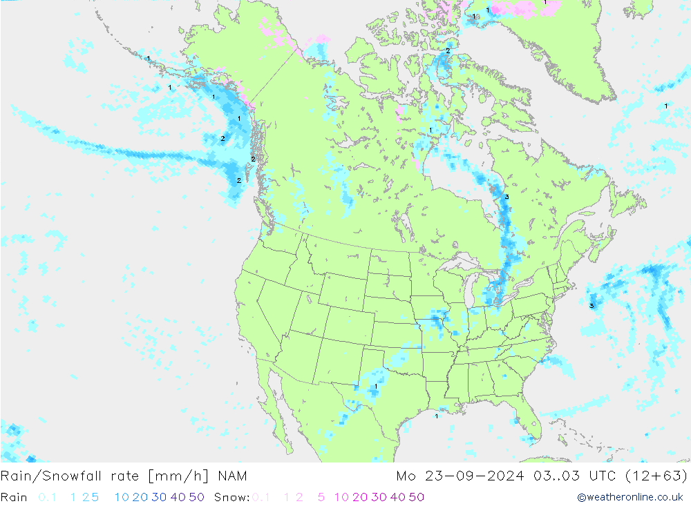 Rain/Snowfall rate NAM Mo 23.09.2024 03 UTC