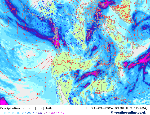 Precipitation accum. NAM Út 24.09.2024 00 UTC