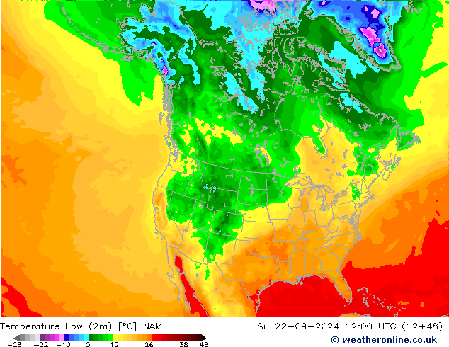 Temperature Low (2m) NAM Su 22.09.2024 12 UTC