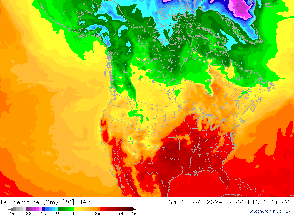 température (2m) NAM sam 21.09.2024 18 UTC