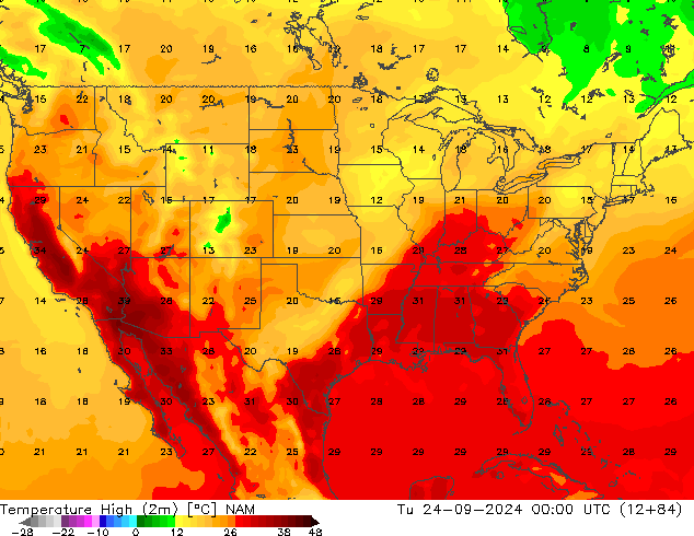 température 2m max NAM mar 24.09.2024 00 UTC