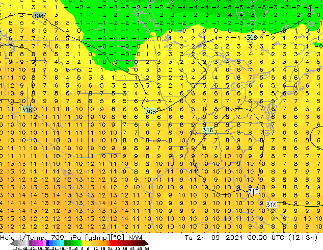 Height/Temp. 700 hPa NAM Tu 24.09.2024 00 UTC