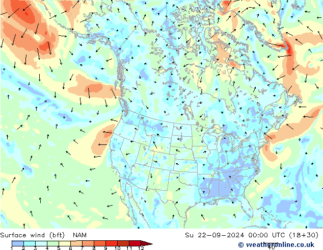 Surface wind (bft) NAM Su 22.09.2024 00 UTC