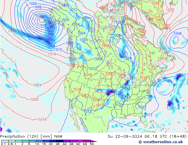 Totale neerslag (12h) NAM zo 22.09.2024 18 UTC