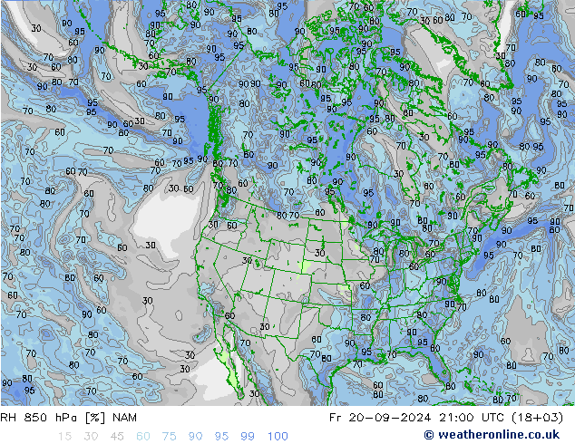 RH 850 hPa NAM Fr 20.09.2024 21 UTC