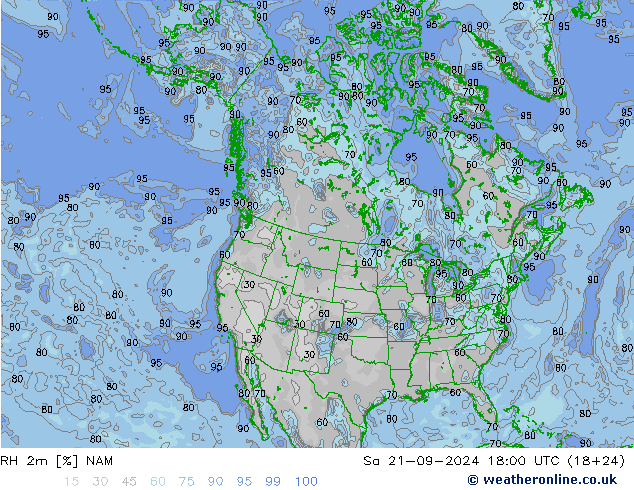 Humidité rel. 2m NAM sam 21.09.2024 18 UTC