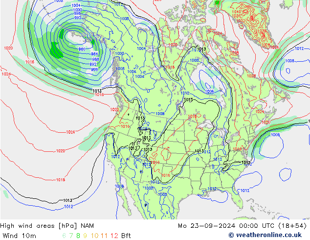 High wind areas NAM 星期一 23.09.2024 00 UTC