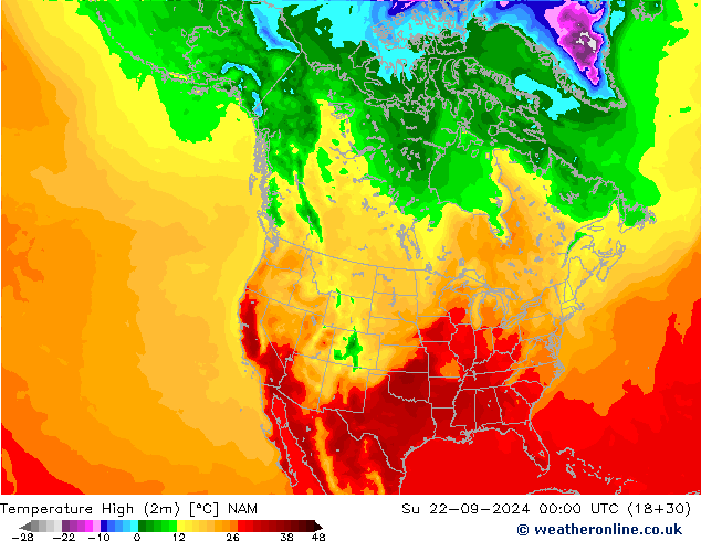 température 2m max NAM dim 22.09.2024 00 UTC