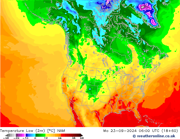 Temperature Low (2m) NAM Mo 23.09.2024 06 UTC