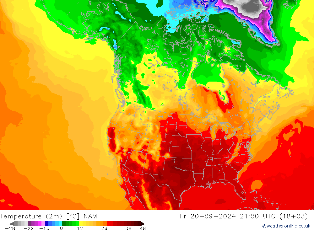 Temperature (2m) NAM Fr 20.09.2024 21 UTC