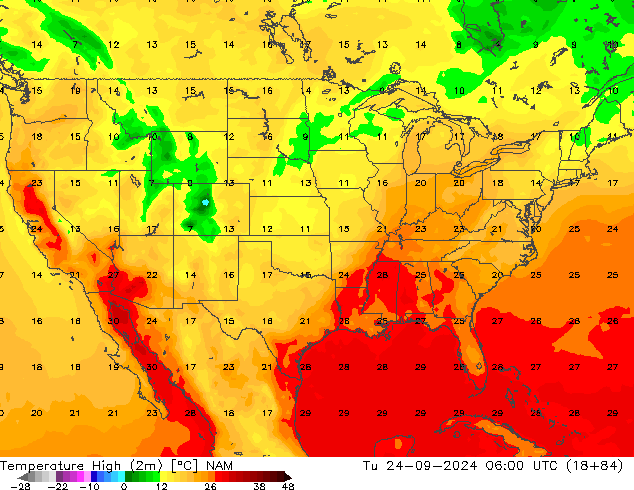 Max. Temperatura (2m) NAM wto. 24.09.2024 06 UTC