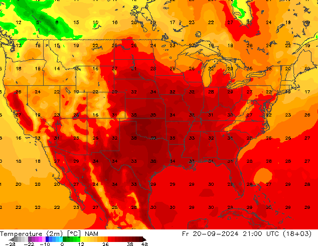 Temperature (2m) NAM Fr 20.09.2024 21 UTC