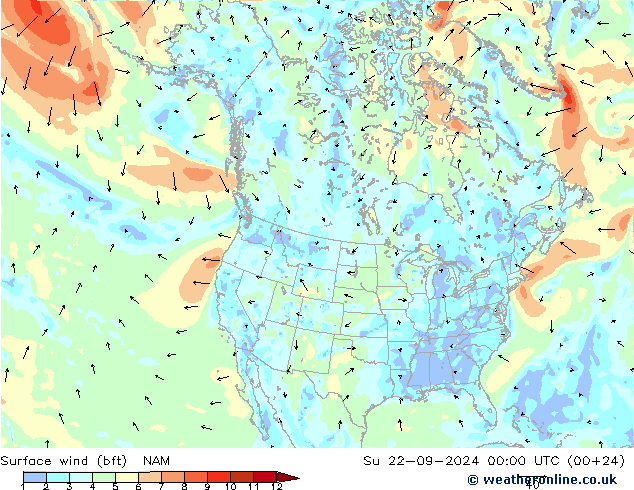 Bodenwind (bft) NAM So 22.09.2024 00 UTC