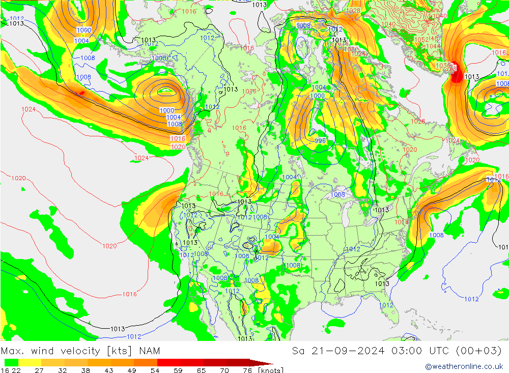 Max. wind velocity NAM 星期六 21.09.2024 03 UTC