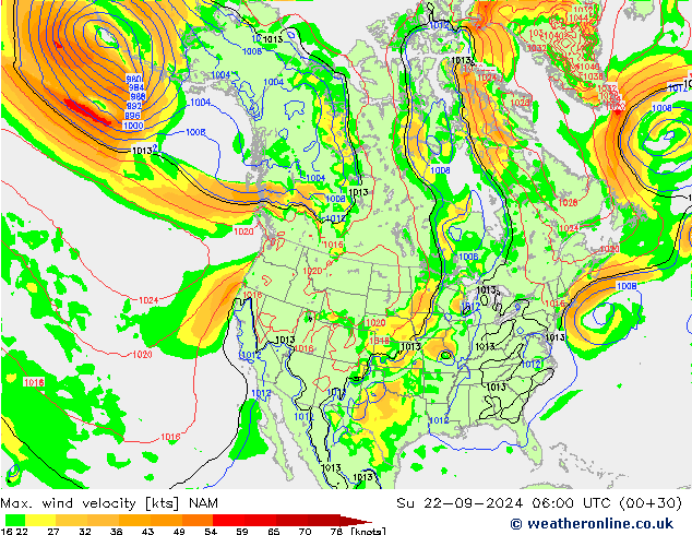 Max. wind velocity NAM Ne 22.09.2024 06 UTC