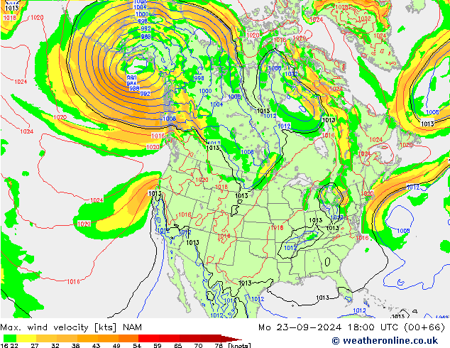 Max. wind velocity NAM Mo 23.09.2024 18 UTC